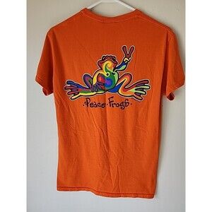 Peace Frogs Organic Colorful Graphic T-Shirt Sz Small Orange Cotton Two Sided